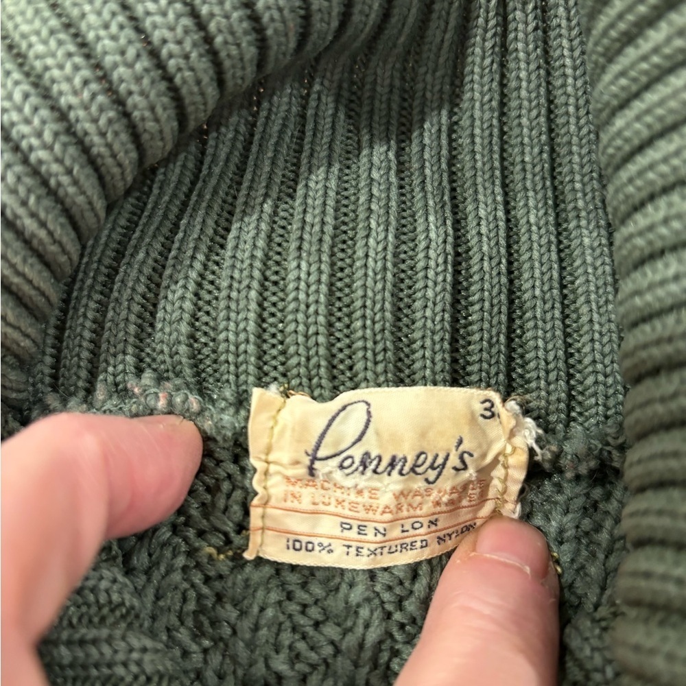 1962 JC PENNEYS OLIVE GREEN HIGH COLLAR CABLE KNIT SWEATER 3/4 SLEEVE MCM SZ L - Picture 6 of 6